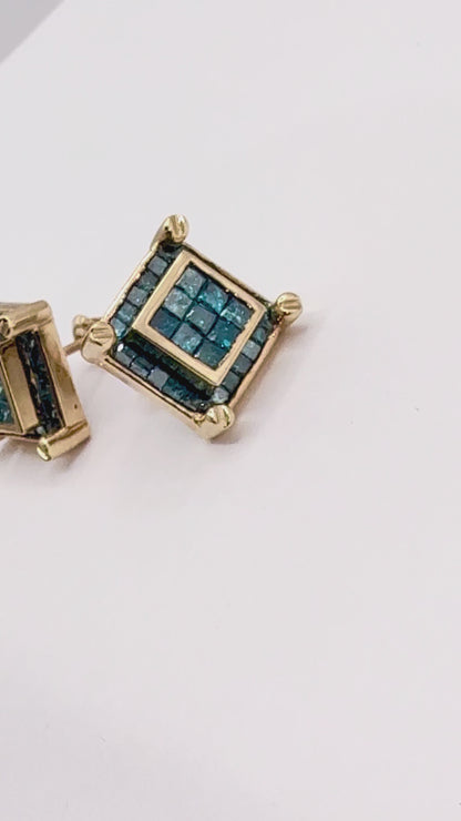 Princess Cut Blue Diamond Studs